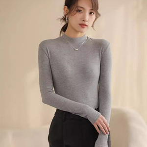 92% Viscose 8% Spandex Mock Neck <b>Long</b> <b>Sleeve</b> T Shirt Women Fitted Stretch Top <b>Tshirts</b> Wholesale - Product Image 1