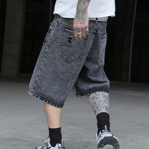 กางเกงขาสั้นเดนิมทรงเบอร์มิวดาสไตล์ฮิปฮอปวินเทจ ลุคย้อนยุค ซักฟอกสีซีด แต่งลายกะโหลกพิมพ์สกรีนสำหรับผู้ชาย ความยาวระดับเข่า - Product Image 2