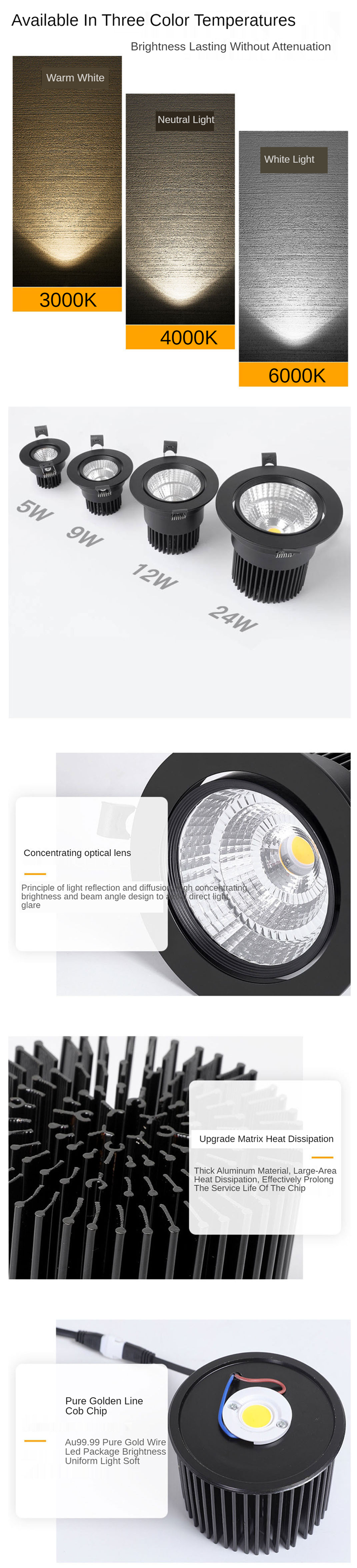 Recessed Dimmable Housing Round Adjustable 3w 5w 7watt 15w Project Led COB Spotlight Black