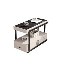 Meja Kopi Mewah yang Dapat Dipindahkan, 2 Tingkat, Nakas dengan Laci Audio, Stasiun Pengisian Daya, Baki Logam, untuk Rumah/Apartemen