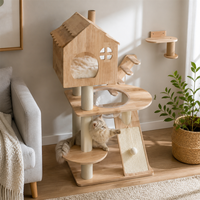 Arbre à chat multi-niveaux avec maison en bois, bol en acrylique transparent, rampe à gratter en sisal et jouet suspendu pour chats d'intérieur