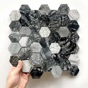 Wholesale Grey Black Hexagon Marble Mosaic Floor Tiles With Pattern
