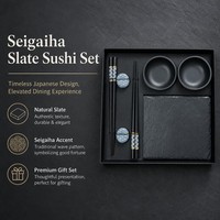 Ensemble de Plats à Sushi en Ardoise Seigaiha avec Logo Personnalisé, Planche de Service en Pierre Naturelle, Bols à Condiments, Repose-Baguettes, Boîte Cadeau