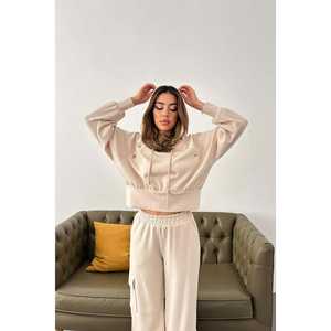 Conjunto de Sudadera con Capucha Beige y Pantalones Cargo para Mujer, Felpa, Casual, Manga Larga, Transpirable - Product Image 4