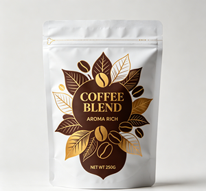 Sachets personnalisables avec votre logo, en aluminium, de qualité alimentaire, à fond plat avec fermeture éclair et lignes de déchirement pour mélanges de café - Product Image 1
