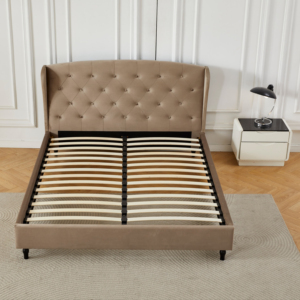 <span class=keywords><strong>Lit</strong></span> plateforme capitonné en velours beige camel <span class=keywords><strong>de</strong></span> style classique <span class=keywords><strong>avec</strong></span> <span class=keywords><strong>tête</strong></span> <span class=keywords><strong>de</strong></span> <span class=keywords><strong>lit</strong></span> incurvée, sans sommier requis - Product Image 1