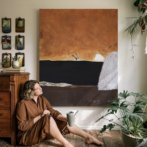Peinture à l'huile abstraite verticale, orange rouille et noir, peinte à la main, à l'impasto épais, tons terreux, Wabi Sabi, grande œuvre d'art sur bois, Art déco - Product Image 1