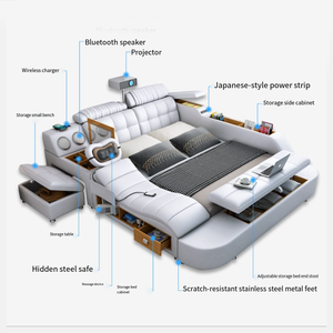 Lit plateforme intelligent multifonctionnel avec projecteur, fonctions et compartiments de rangement latéraux, tout en un, lit multifonctionnel pour dormir - Product Image 1