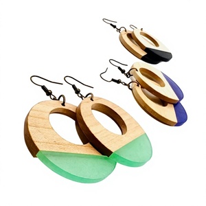 Nouvelles Boucles d'Oreilles Créoles de Luxe en Bois et Résine, Design Géométrique, Style Bohème Turquoise et Marron, pour Femme - Product Image 4