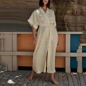 Custom 2023 Spring Fall Holiday Beach Organic Robe Linen Long Sleeve Yellow Stripe Kimono Wrap Dress
