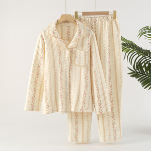 Set di <span class=keywords><strong>pigiama</strong></span> inverno donna manica lunga 100% fiori di <span class=keywords><strong>cotone</strong></span> Set Homewear in pizzo - Product Image 2
