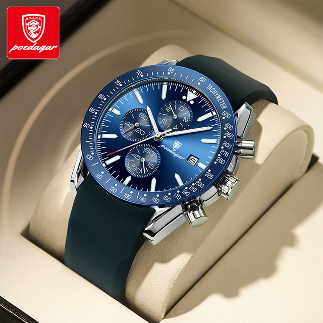 Poedagar 988 Men's Sport Chronograph Watch Luxury Brand Waterproof Luminous Watch Men Wrist Business Quartz Boys Silicone Watch