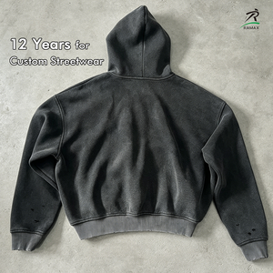 Sudadera con capucha corta para hombre, de 500GSM de alto gramaje, personalizada, estilo vintage desgastado, con cremallera YKK, efecto de orificios y diseño de hombro caído cuadrado - Product Image 2