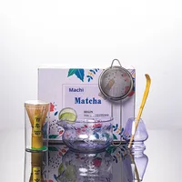 Service à thé matcha de style japonais en verre résistant à la chaleur, ensemble complet avec boîte de couleur, fouet, bol, support, cuillère