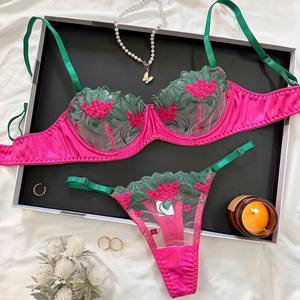 Bloemenlingerie Mesh-borduurwerk Mooi ondergoed voor dames Fijne, mooie kant Intieme 2-delige sensuele set - Product Image 3