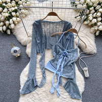 Ensemble tricoté Y2K Coquette pour femme : Caraco à applique rose et boléro court à manches longues à volants – Tenue Printemps-Été