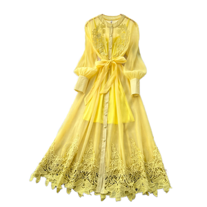 Vestidos Casuales de Primavera 2026 para Mujer, Tejidos, Bordados, con Cinturón en la Cintura, Estilo Romántico, Vestido Midi - Product Image 1
