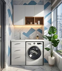 Armoires de blanchisserie minimalistes de haute qualité, armoires de rangement pour buanderie autoportantes, armoires d'évier avec machine à laver - Product Image 5