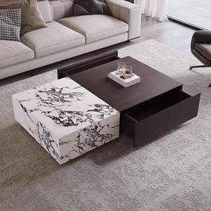 Mesa de Centro Moderna de Diseño con Cajones, Superficie con Patrón de Mármol Blanco Panda y Base de Madera para Apartamento de Lujo. - Product Image 4