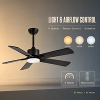 Ventilateur de plafond moderne avec lumière, moteur DC, 5 pales en bois, télécommande, 3 couleurs, intensité variable, 6 vitesses, prix compétitif, expédition immédiate