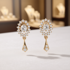 Orecchini Pendenti E2160 con Fiore Dorato, Cristalli e Strass, Gioielli Classici da Sposa per Donna - Product Image 2