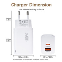Chargeur mural 100W à technologie GaN, double sortie Type-A et Type-C, prise EU, compatible PD3.0 PPS AC DC, pour ordinateur portable, téléphone et tablette (modèle exclusif)
