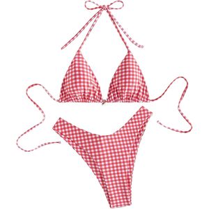 Conjunto de bikini de 2 piezas a cuadros para mujer FOXA, traje de baño triangular con cuello halter, bikini elástico de cintura alta para ropa de playa - Product Image 1