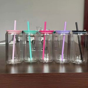 Nouvel arrivage : Pot transparent en PC de 16 oz en forme de verre à bière Libby avec couvercles à paille et trou pré-percé pour cadeau d'été DIY - Product Image 1