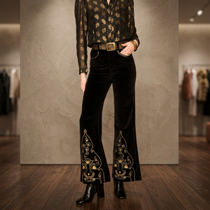 Pantalon évasé pour femme en velours brodé, taille haute, coupe ample, longueur intégrale, gaufré - Product Image 2