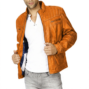 KLJM3 Men's Fashion Indigo Sheep Skin <b>Leather</b> Canvas Tanned Windproof Breathable <b>Jacket</b> High Quality Washed Finish Blouson - Product Image 3