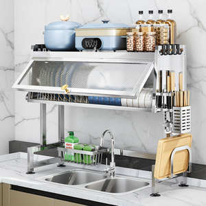 Lavabo üzerinde bulaşık süzgü raf paslanmaz çelik 2 katmanlı depolama büyük kapasiteli mutfak tezgahı çatal organizatör toz geçirmez dolap - Product Image 1