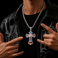 Collier Hip Hop empilable avec pendentif croix en laiton incrusté de zircons multicolores et de zircone cubique, style Bling