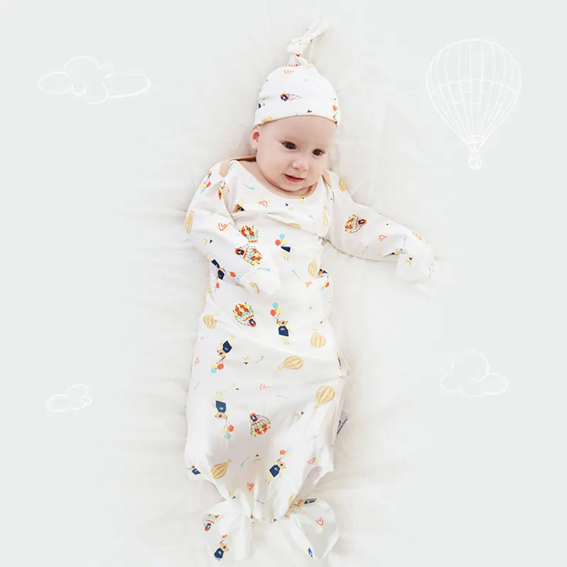 Organic Cotton Bamboo Newborn Baby Sleeper Gowns Long Sleeve Knotted Nightgown with Mitten Cuffs Matching Hat ODM Sleeping Bags