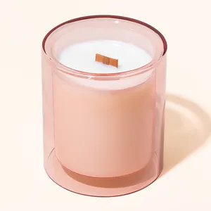 진정한 향기 도매 개인 라벨 향기 양초 향기 촛불 핑크 이중 벽 촛불 유리 항아리 콩 왁스