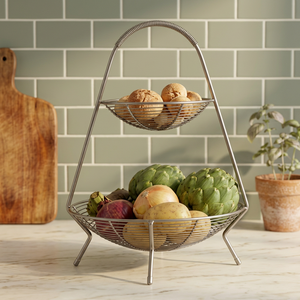 Double Tier Fruit <b>Basket</b> Stand <b>Round</b> Minimalist Kitchen <b>Storage</b> <b>Basket</b> Durable Metal Food Container - Product Image 2