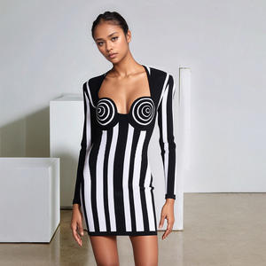 Abito <span class=keywords><strong>Sexy</strong></span> scollato a righe primaverili <span class=keywords><strong>da</strong></span> donna con fasciatura a righe a maniche lunghe con colletto quadrato Mini abito formale <span class=keywords><strong>da</strong></span> <span class=keywords><strong>sera</strong></span> - Product Image 1