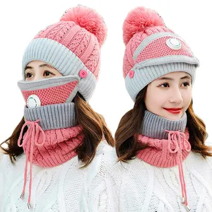 Winter Fleece Lined Thickened Knitted Warm Beanies Hats Scarfs Set Women Winter Hat Scarf Mask 3 in 1 Set