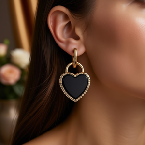 E4697 Heart Shape Drop <b>Earrings</b> Gold Plated <b>Black</b> Stone Bezel Setting <b>Women</b> Classic Everyday Wear Fine Jewelry - Product Image 2