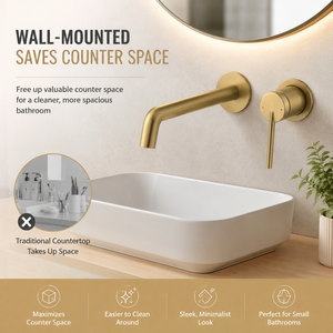 Rubinetto da Bagno a Parete in Ottone Spazzolato Oro, Miscelatore Monocomando a 2 Fori per Lavabo, Valvola in Ceramica Nascosta - Product Image 6