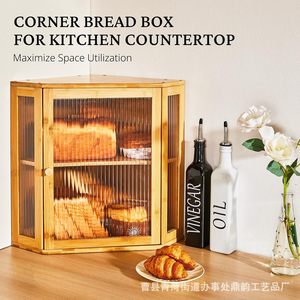 Boîte de rangement pour pain à double couche, armoire d'angle en bois, rangement alimentaire transparent, comptoir de cuisine, séparateur réglable - Product Image 4