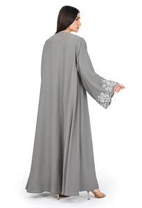 Vestido Kaftán Maxi Elegante y Casual de LEDUO, Personalizado, Gris, con Bordado Floral, Manga Larga, Cuello en V, para Mujer - Product Image 3