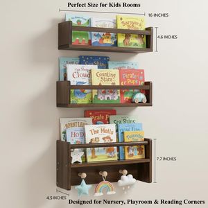 16" Inch <b>Pine</b> Wall-Mounted Floating Bookshelf Hooks Protective for Nursery Kids' Rooms Living Rooms Kitchens Set 3 - Product Image 5