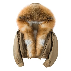 Áo khoác bomber ngắn có mũ trùm đầu, cổ lông cáo đỏ tự nhiên cao cấp, lót lông cừu dành cho nữ - Product Image 1