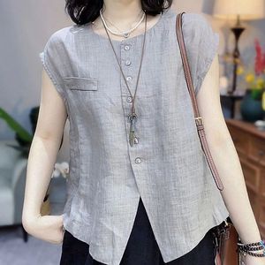 Women's Linen Sleeveless Vest Apricot Pink Gray Navy Blue Breathable Woven Round Neck Single Breasted Summer Top - Product Image 2