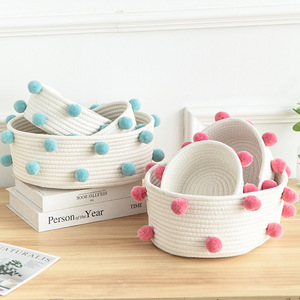 Panier de rangement en coton avec pompons, rond, 1-3L, organisateur de bureau fait main pour cosmétiques et articles divers - Product Image 2