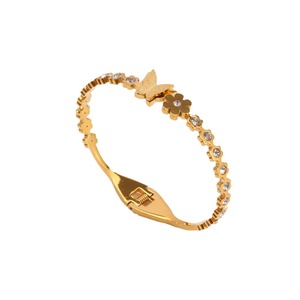 PVD 18K Gold Plated Titanium Stainless Steel Butterfly & Flower <b>Bangle</b> <b>Bracelet</b> with Spring Loaded Clasp for Women - Product Image 1