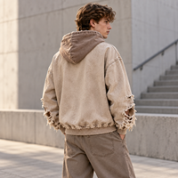 Sweat-shirt à capuche zippé intégral pour homme, personnalisé, délavé, vieilli, patchwork, avec étiquette tissée, pour marque streetwear, vente en gros de vêtements