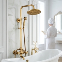 Ensemble de robinetterie de douche de luxe à haute pression, économie d'eau, finition laiton antique, avec pommeau de douche supérieur 3 voies effet pluie et douchette à main