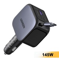 UGREEN 55910 USB-A + 2 USB-C 100W Pengisi Daya Mobil Cepat dengan Kabel USB-C 60W yang Dapat Ditarik untuk iPhone iPad MacBook