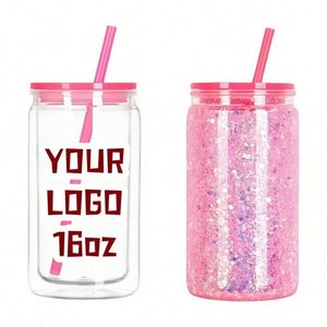 Custom Logo <b>Glitter</b> 16 oz Plastic Pre Drilled Hole Clear Double Wall Tumbler with Bamboo Lids Straws Snowglobe Cups for DIY - Product Image 1